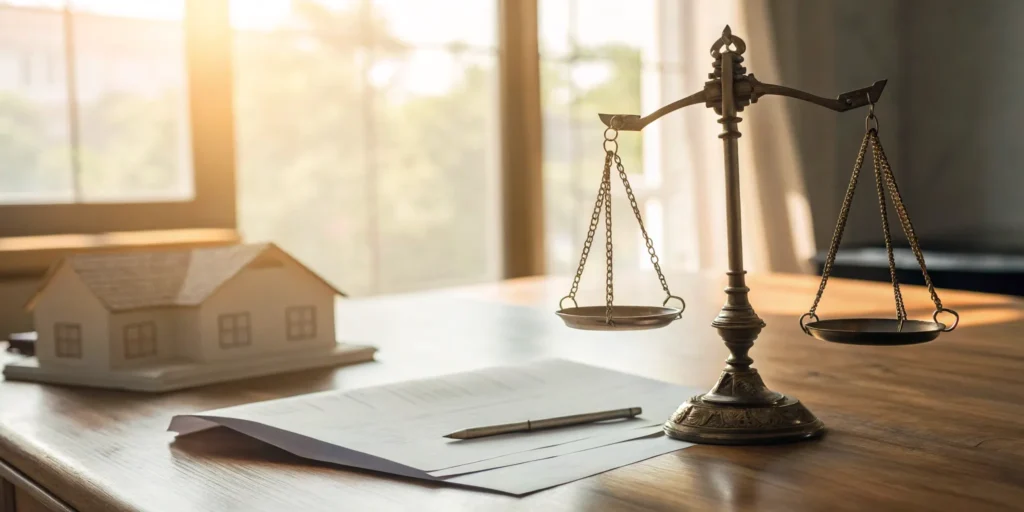 Real estate investment fraud lawyer. Justice scales, house, legal documents.