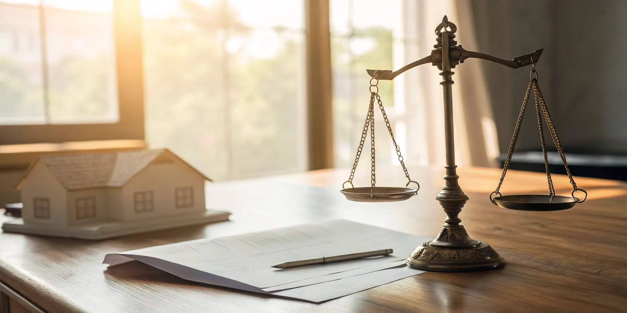 Real estate investment fraud lawyer. Justice scales, house, legal documents.