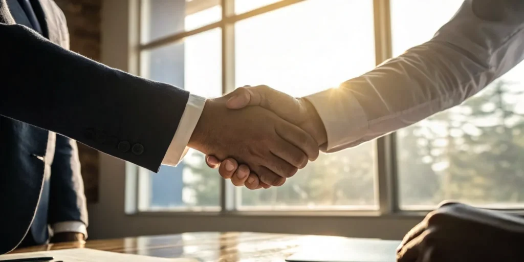 SEC whistleblower attorney and client shaking hands.