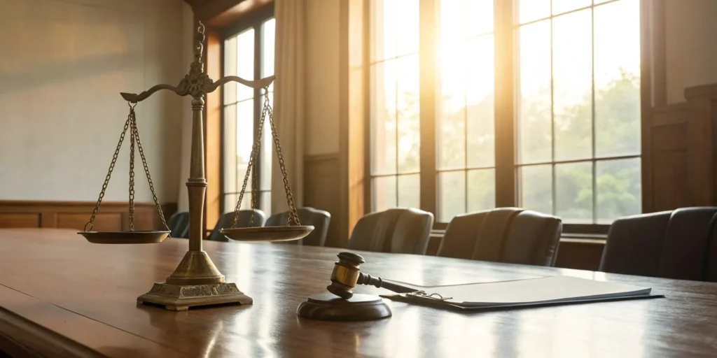 Scales of justice and gavel symbolize arbitration and legal proceedings.