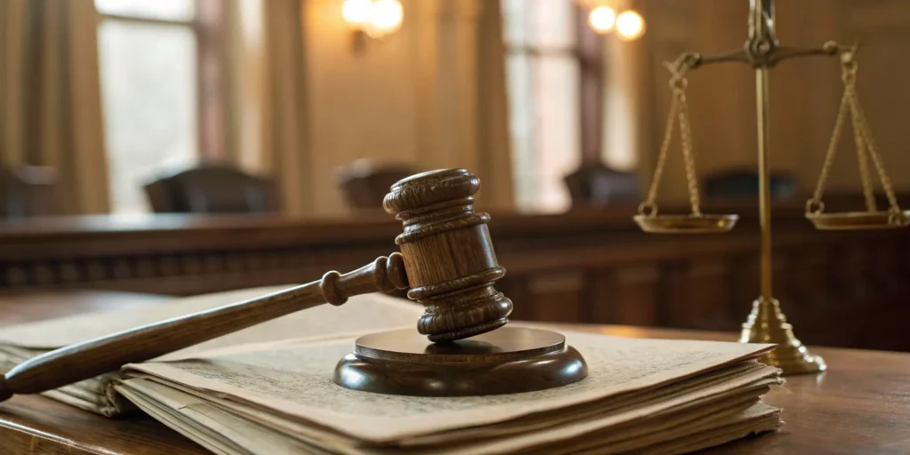 Scales of justice and gavel on legal documents.
