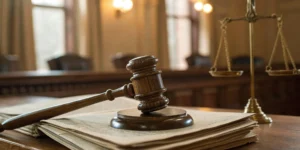Scales of justice and gavel on legal documents.