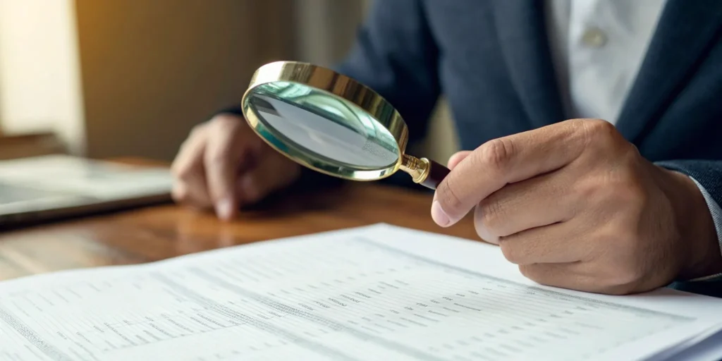 California securities fraud lawyer reviewing documents with magnifying glass.