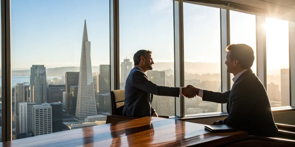 San Francisco lawyer and client shaking hands.