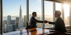 San Francisco lawyer and client shaking hands.