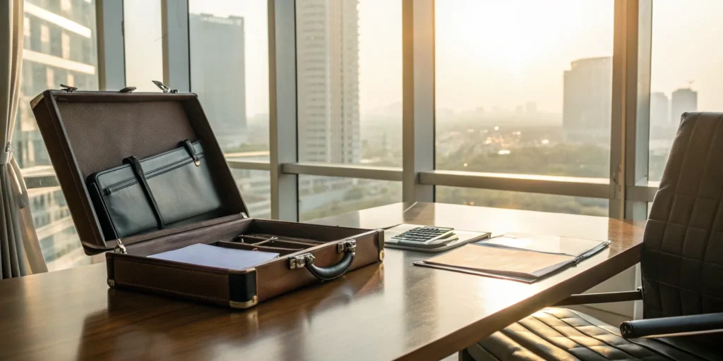 Investment fraud attorney with briefcase.