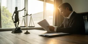 Investment fraud lawyer reviewing documents.