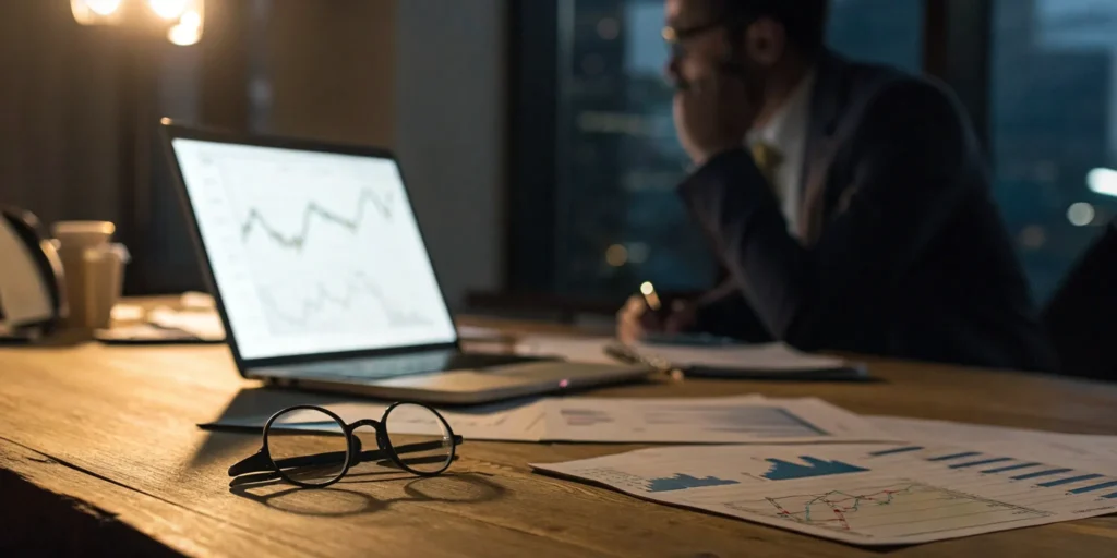 Financial charts, graphs, and glasses on a desk.