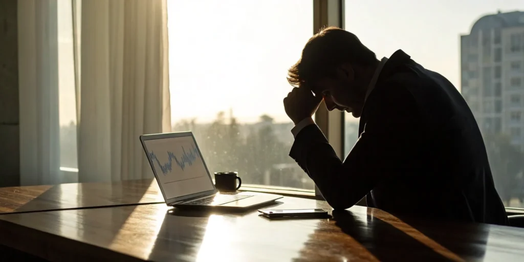 Stressed investor reviews stock market loss on laptop.