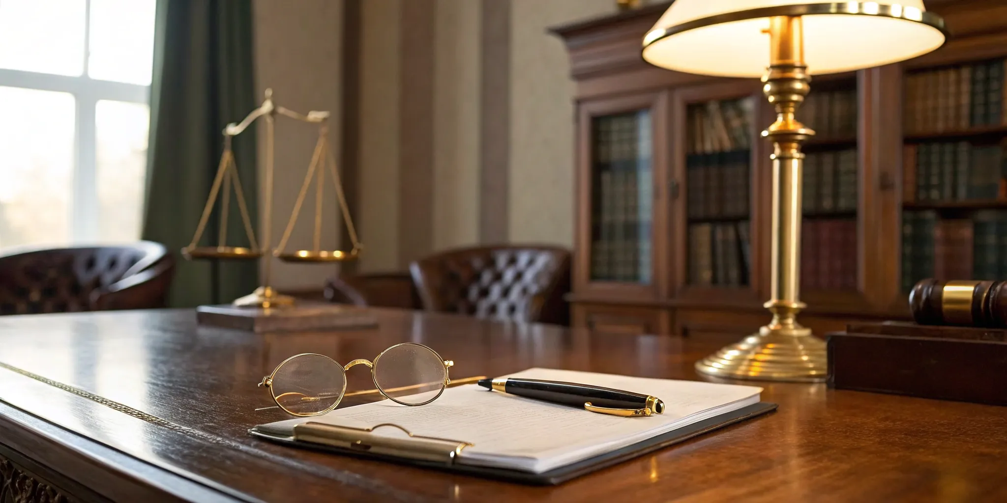 Scales of justice, pen, and glasses on desk. Washington, DC investment fraud lawyer.