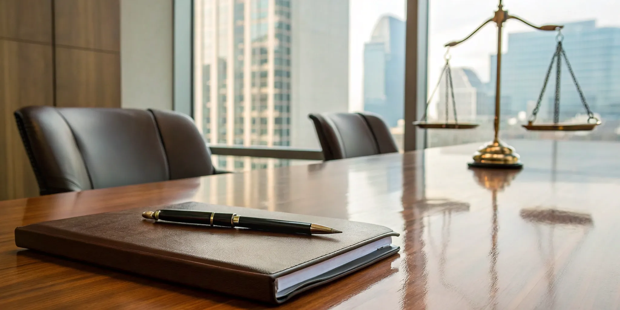 Scales of justice, notebook, and pen on table.