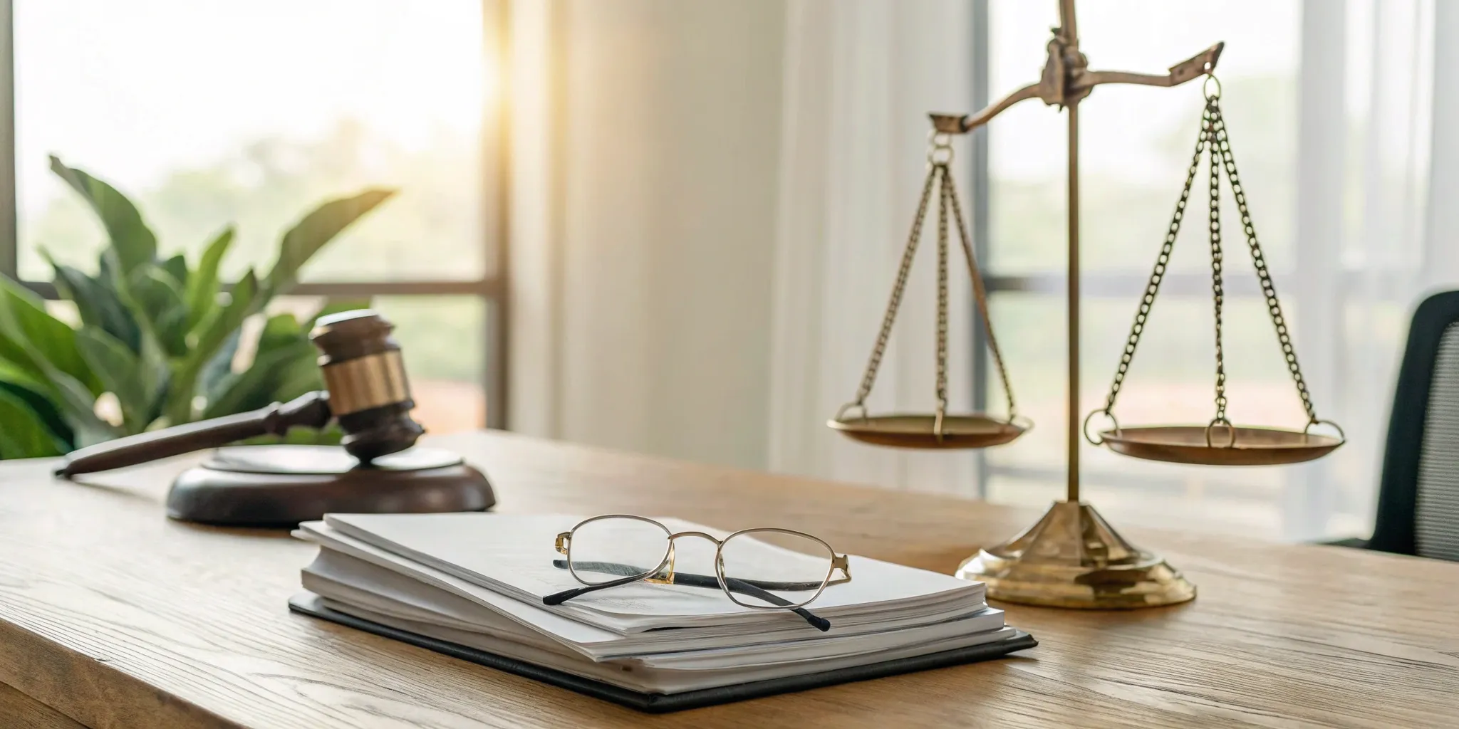 Scales of justice, gavel, and legal documents.