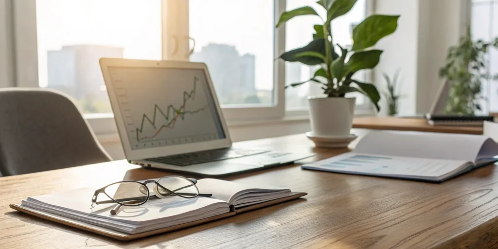 Financial advisor's desk with laptop, notebook, and glasses.