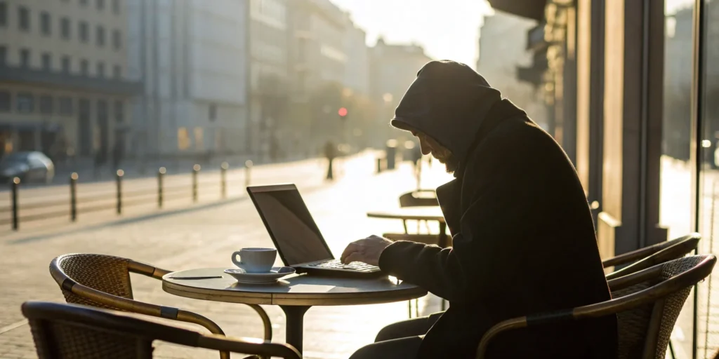 Expat using laptop to manage finances abroad.