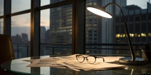 J.P. Morgan advisor Raphael Correa: Desk with financial documents, eyeglasses, and lamp.