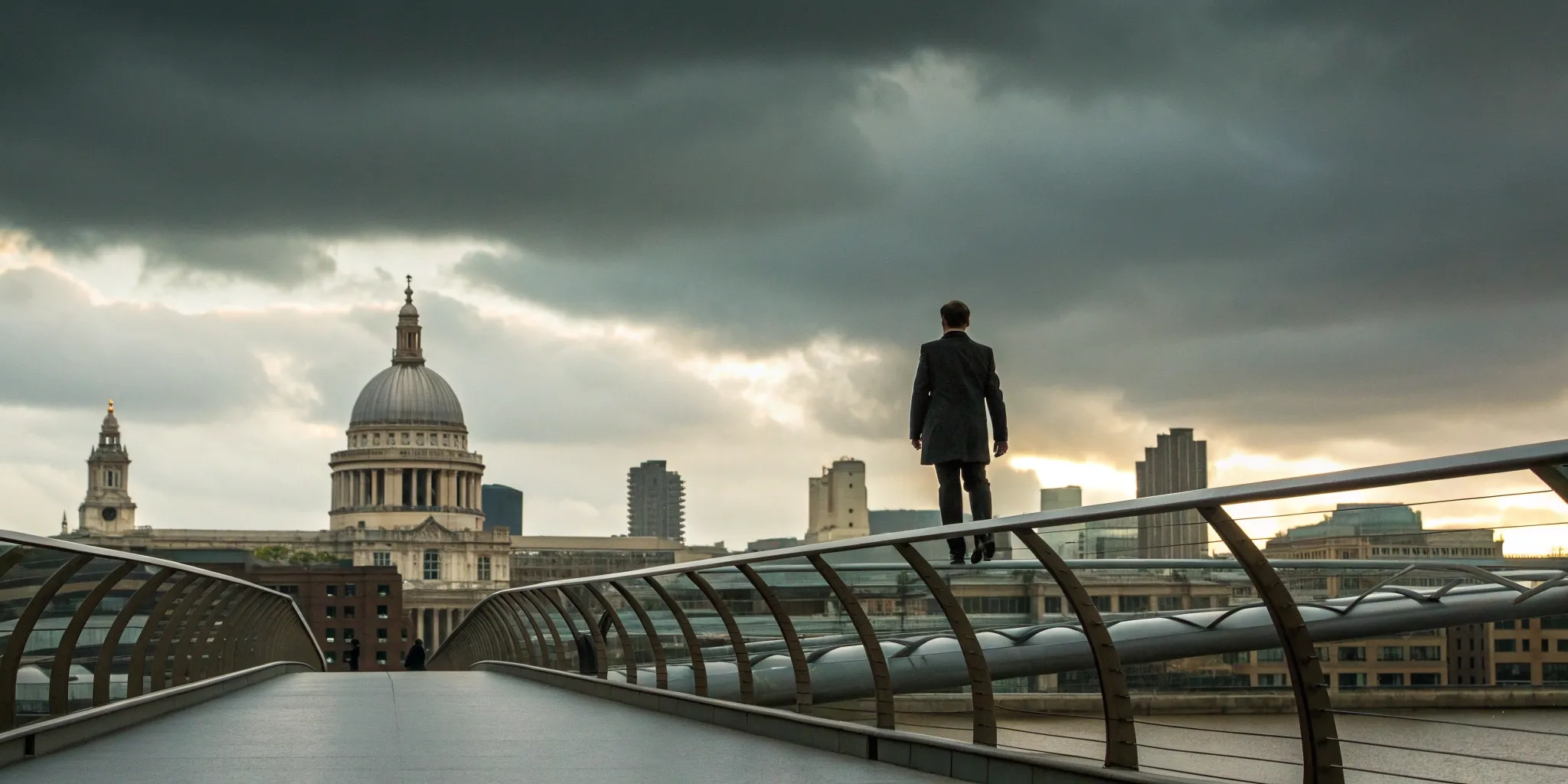 American investor overlooking London cityscape.