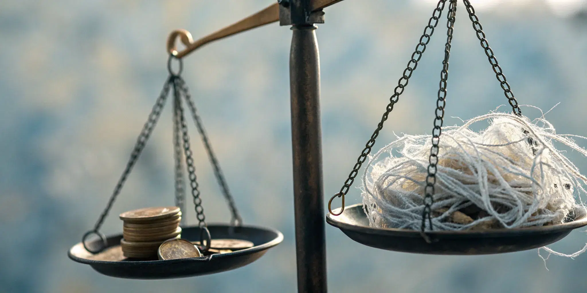 Unbalanced scales, coins, and tangled string.
