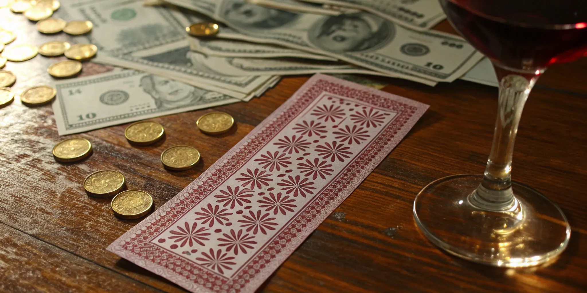 A lottery winner's table with cash, gold coins, and playing cards, showing the financial mistakes to avoid.