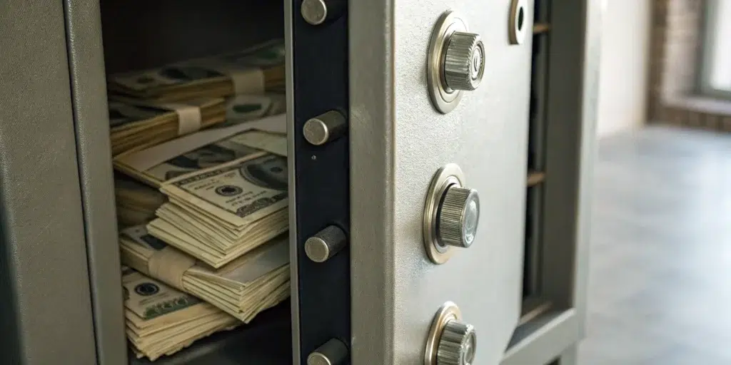 An open safe filled with cash, securing the wealth and safety of a new lottery winner.