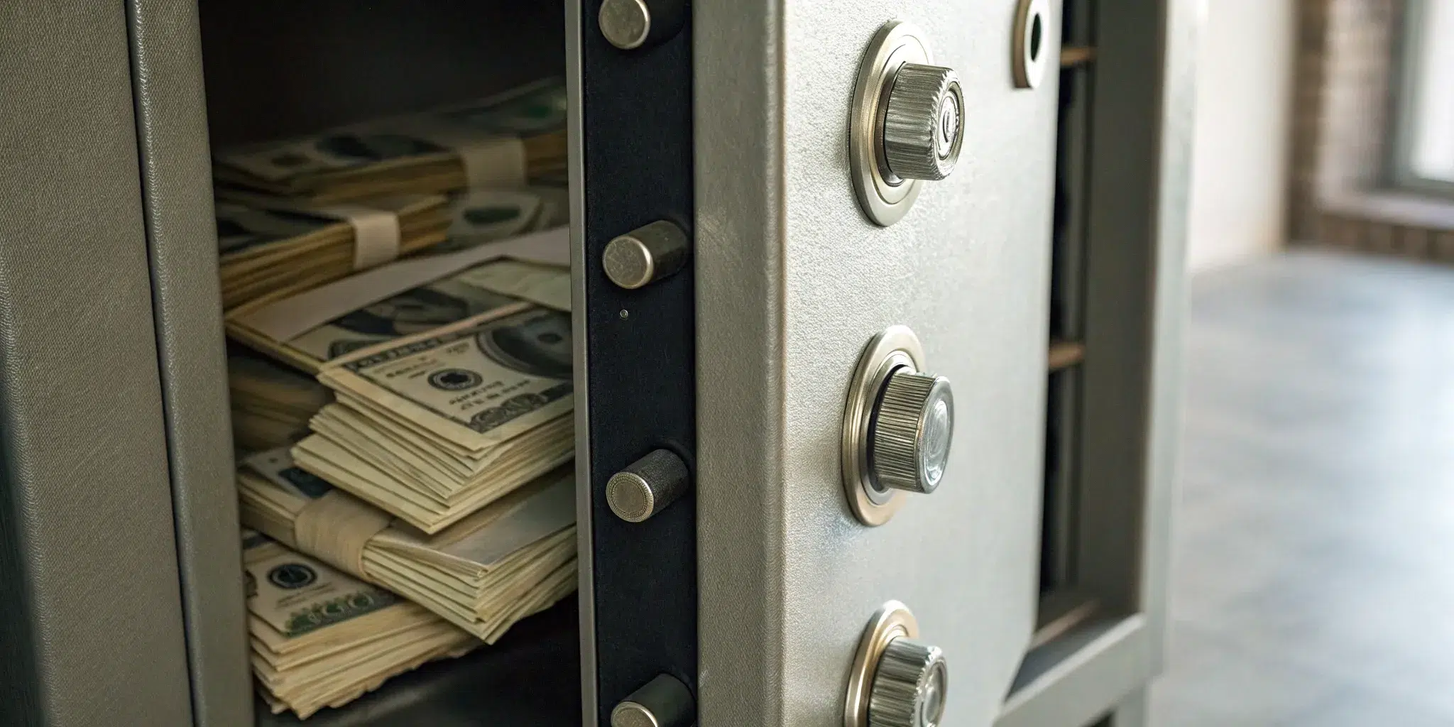 An open safe filled with cash, securing the wealth and safety of a new lottery winner.