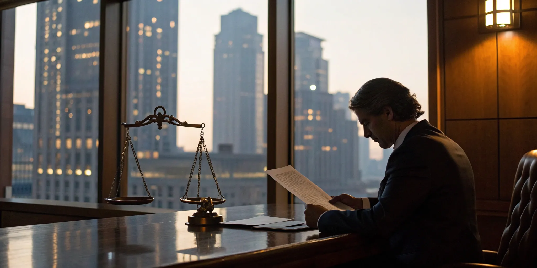 Louisville arbitration lawyer for investors reviewing a case file in an office.