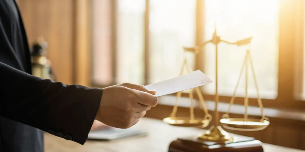 A lawyer reviews legal documents next to justice scales, helping a client claim their lottery winnings.