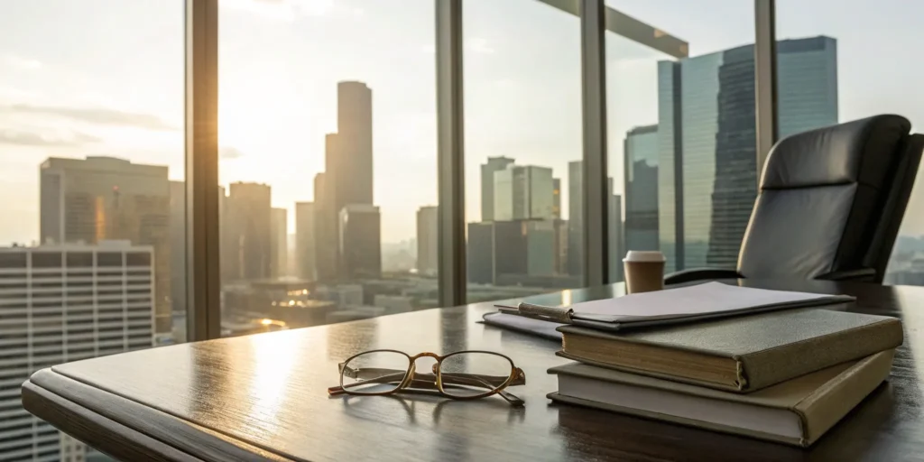 A Houston PPM lawyer's office desk prepared for an investor consultation.