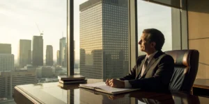 An MLP lawyer in Houston reviews legal documents in an office overlooking the city.