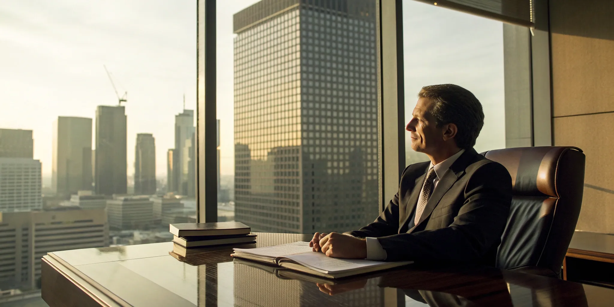 An MLP lawyer in Houston reviews legal documents in an office overlooking the city.
