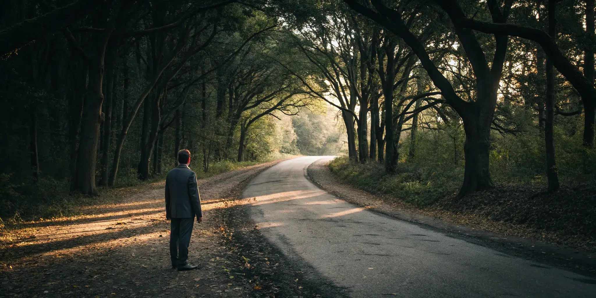 A man in a suit on a winding road, questioning the security of his Alliance Bernstein & Eaton Vance 401k.