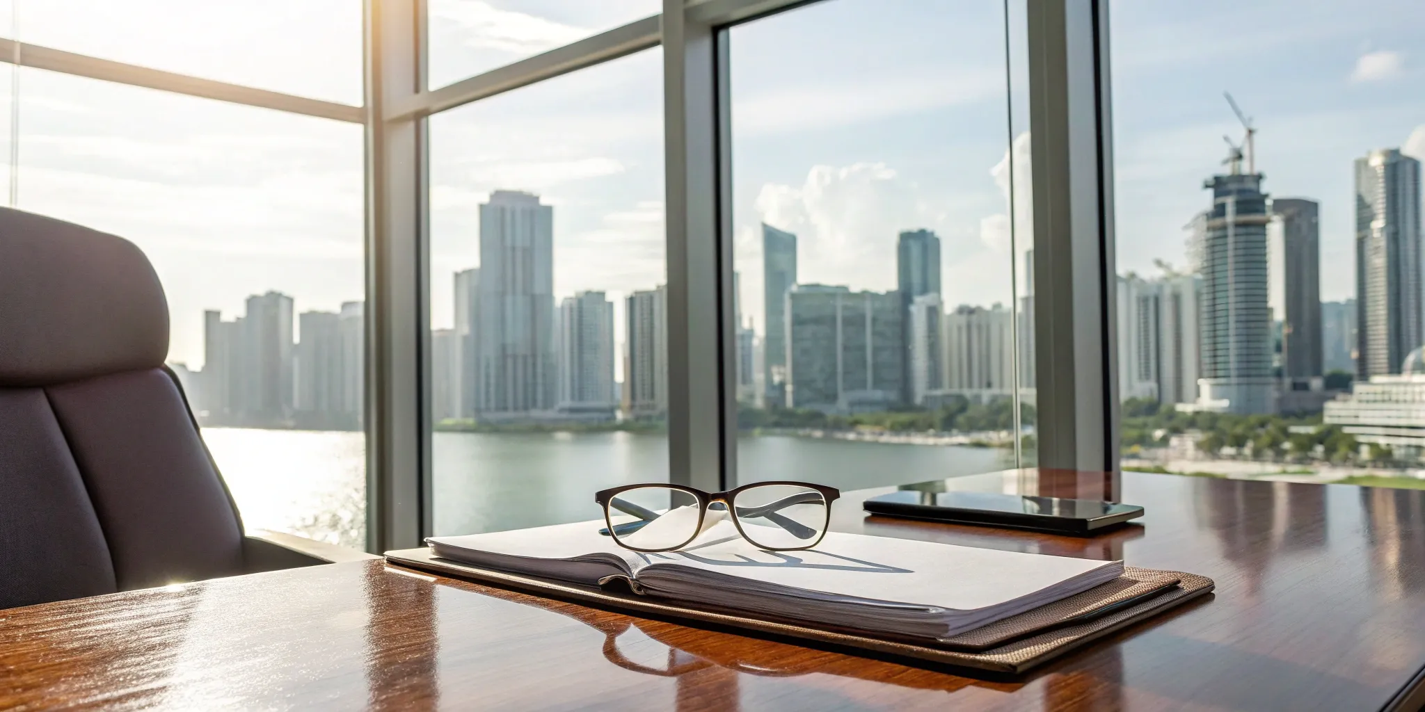 Miami REIT lawyer's desk with legal documents, tablet, and city view.