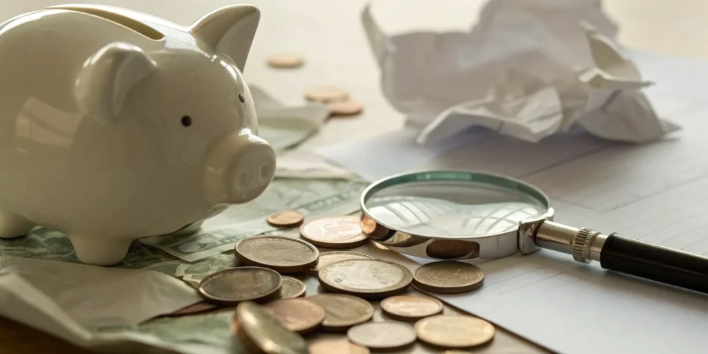 A magnifying glass over a piggy bank analyzing the investment risks of the Credit Suisse DGAZ ETN.