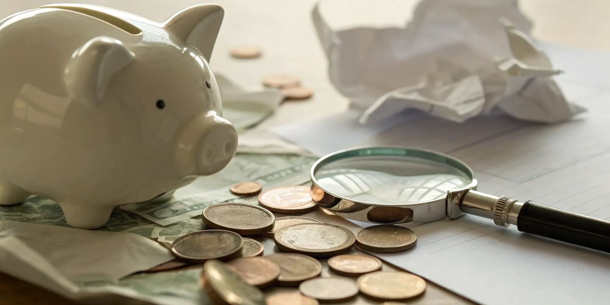 A magnifying glass over a piggy bank analyzing the investment risks of the Credit Suisse DGAZ ETN.