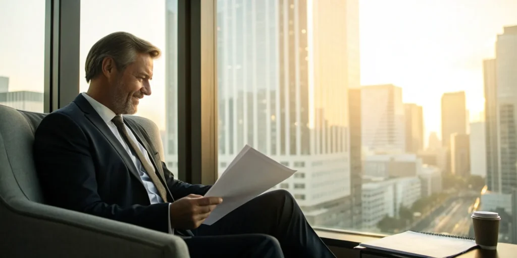 A lawyer reviews documents for a mobile stock fraud case in his office overlooking the city.