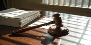 Gavel and legal documents for a claim against Morgan Stanley broker Neil Okun for options losses.