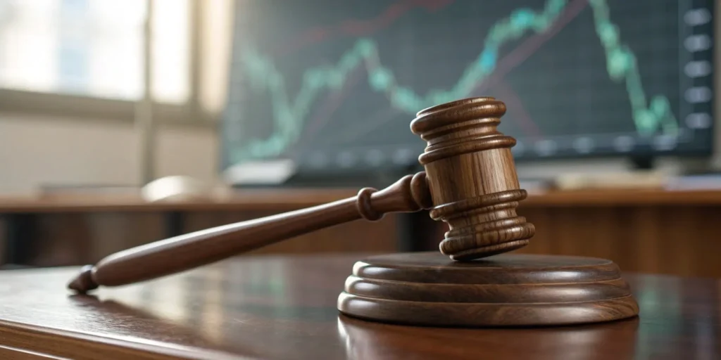 A judge's gavel on a stock chart for an Alabama stock fraud lawyer fighting investment fraud.