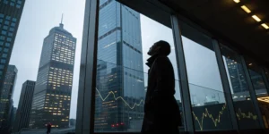 UBS Financial Services Inc. broker Michael Meniktas looking out an office window at a city skyline.