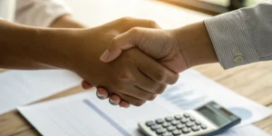 A variable annuity lawyer and an investor shake hands over documents for a fraud claim.