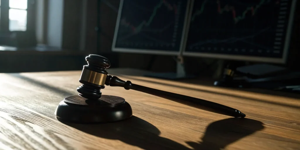 A legal gavel over financial charts concerning complaints against UBS broker Thomas Jenkins.