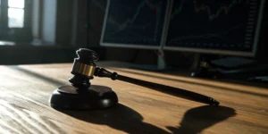 A legal gavel over financial charts concerning complaints against UBS broker Thomas Jenkins.