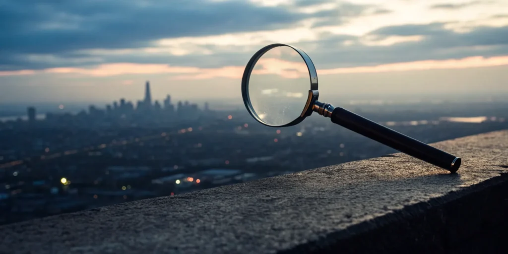 Magnifying glass over a city skyline, a review of Cetera Advisors, LLC broker Mary Silvers.