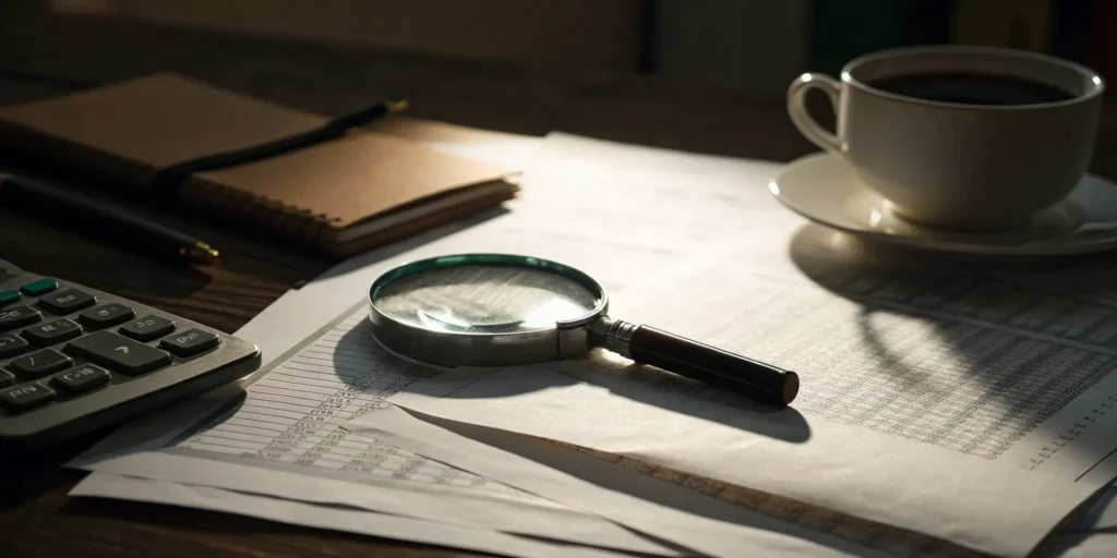 Magnifying glass on financial documents for a review of LPL Financial broker Tyler Schultz.