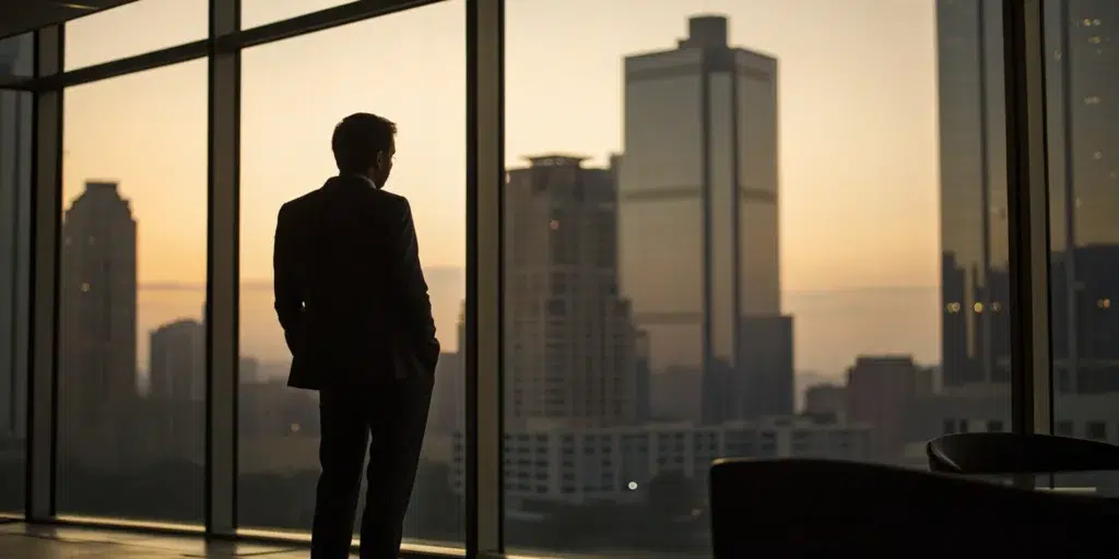 Merrill Lynch broker Richard Barker in an office with a city view.