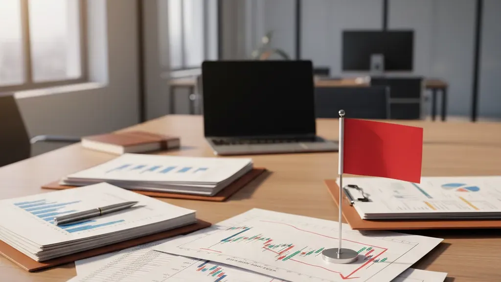 Financial documents and charts on a desk with a red warning flag representing investment fraud detection