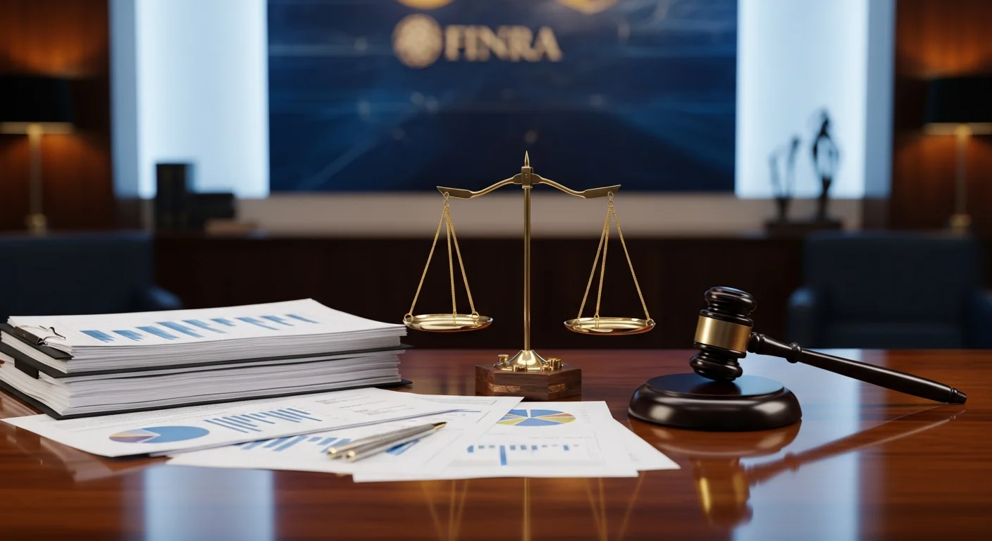 Legal scales of justice, financial documents, and gavel representing FINRA arbitration for structured note investment recovery
