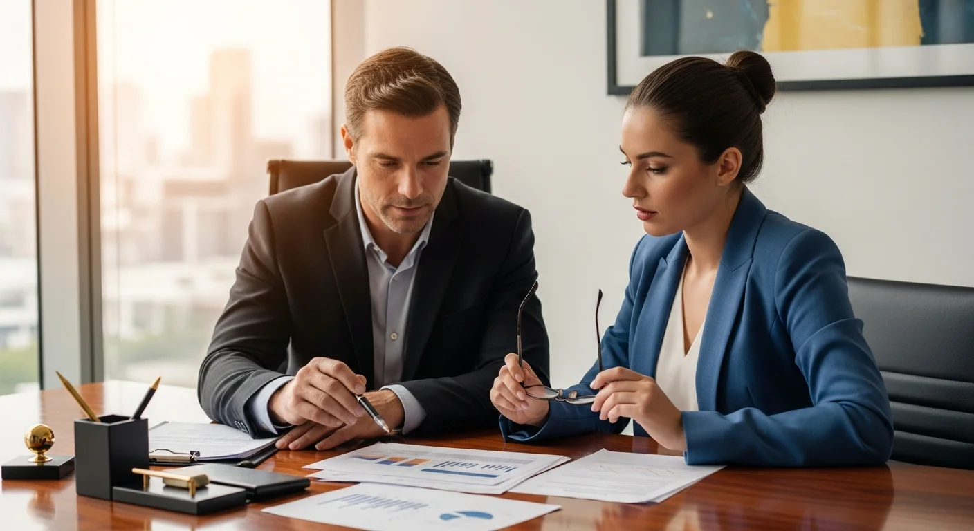 Investor and attorney reviewing financial documents about structured note investment losses in a professional office