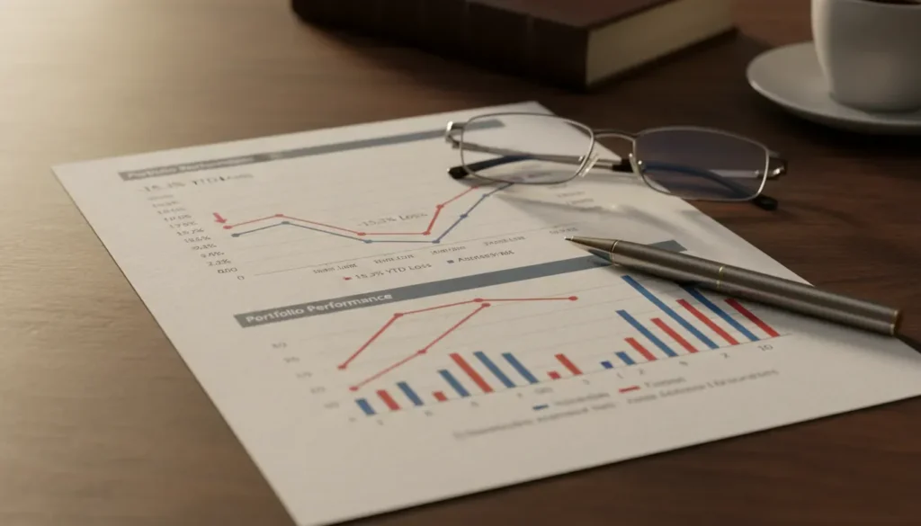 Financial documents showing closed-end fund investment losses on a desk with reading glasses and pen