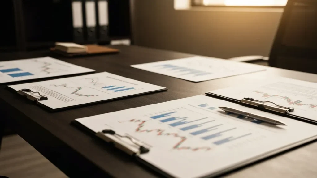 Financial documents and stock trading charts on a corporate desk representing unauthorized broker trading