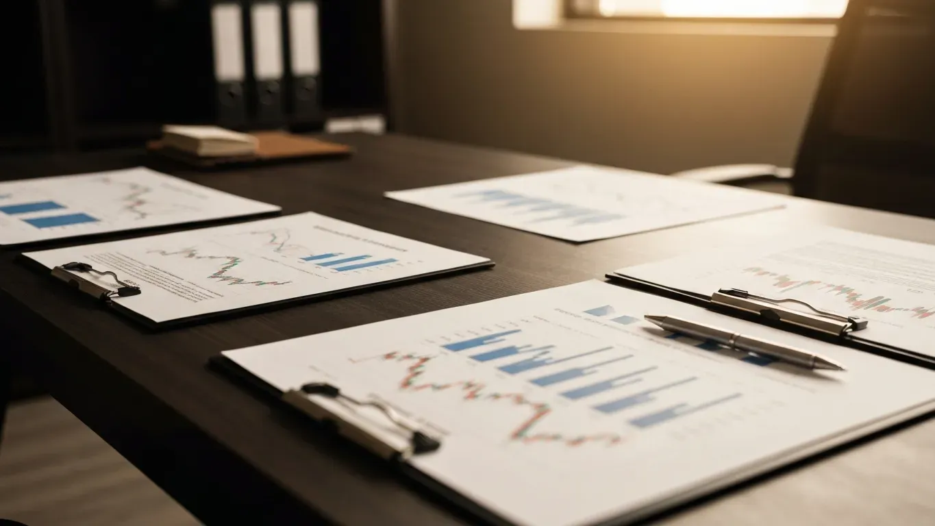 Financial documents and stock trading charts on a corporate desk representing unauthorized broker trading