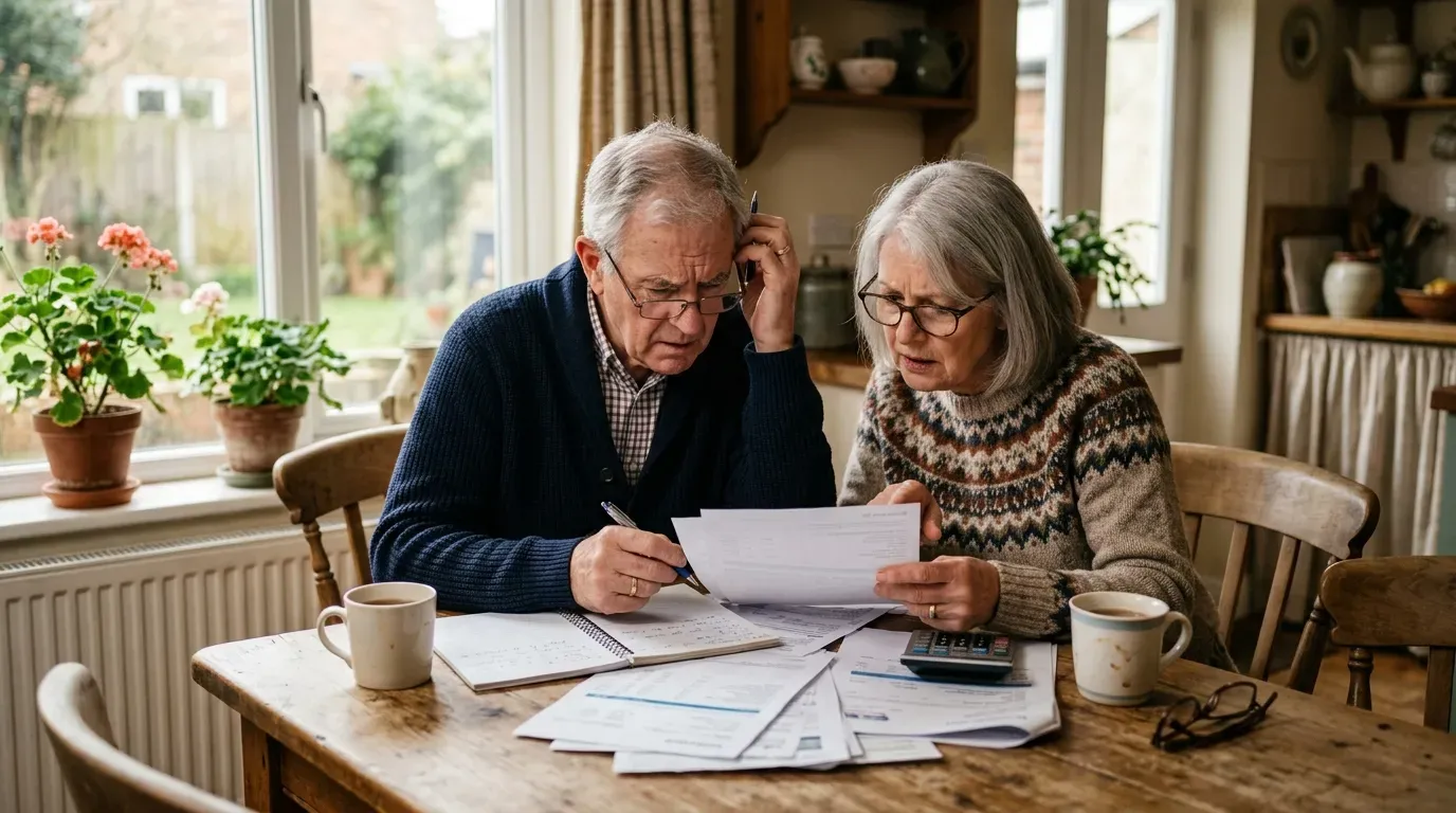 Concerned elderly couple reviewing financial documents at kitchen table examining paperwork about broker warning signs